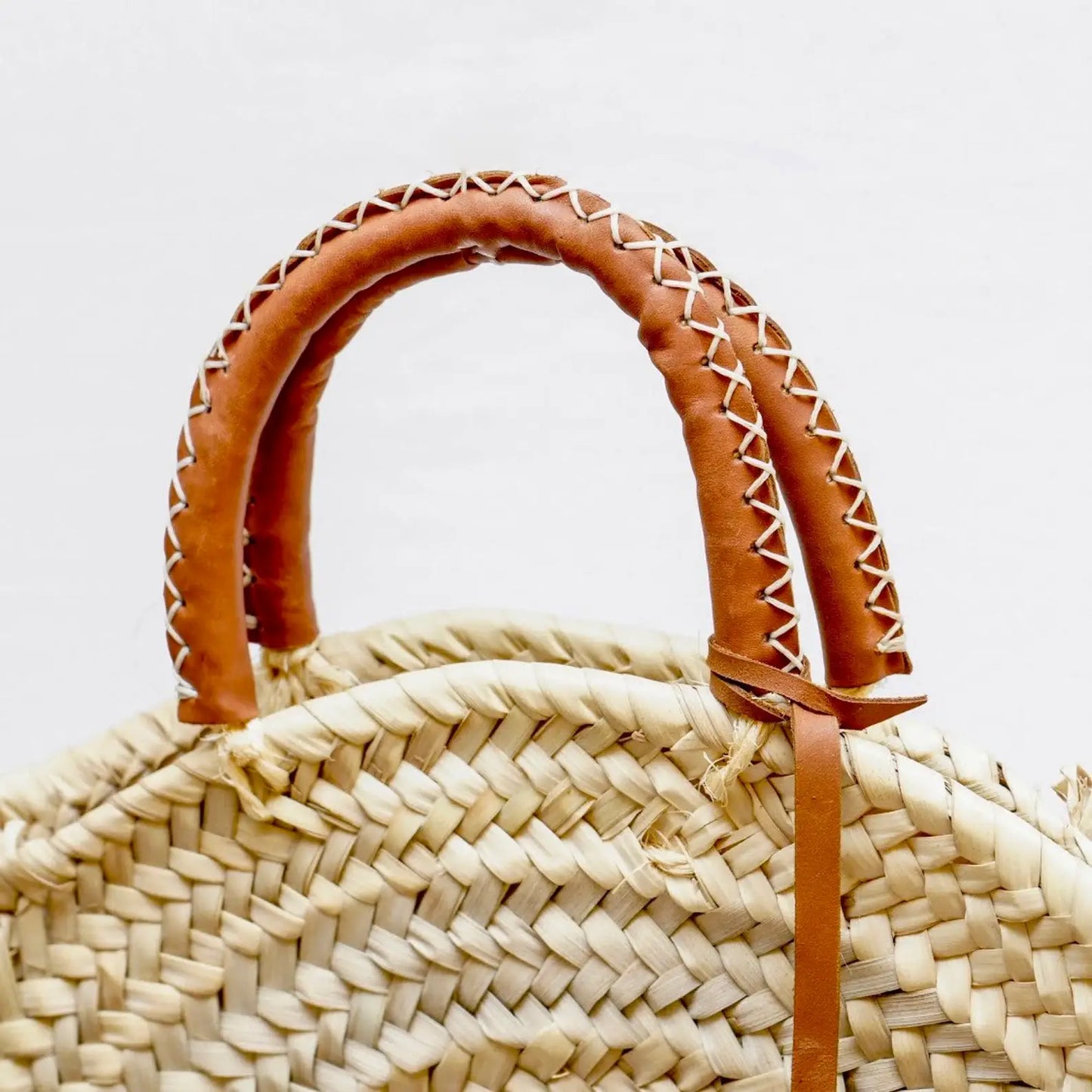 Round Straw Bag with Leather Handles