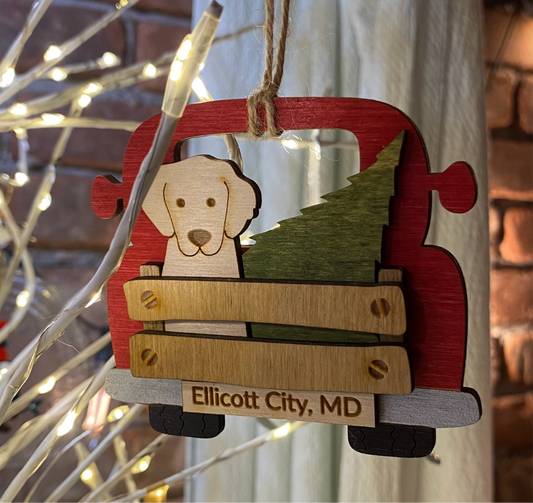 Classic Red Truck & Dog Ornament