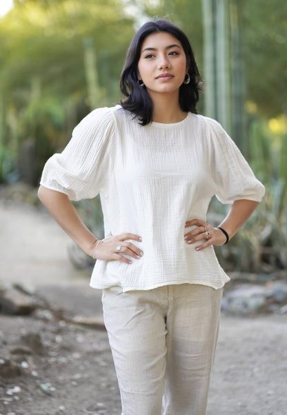 Coralee Double Cotton Gauze Top White