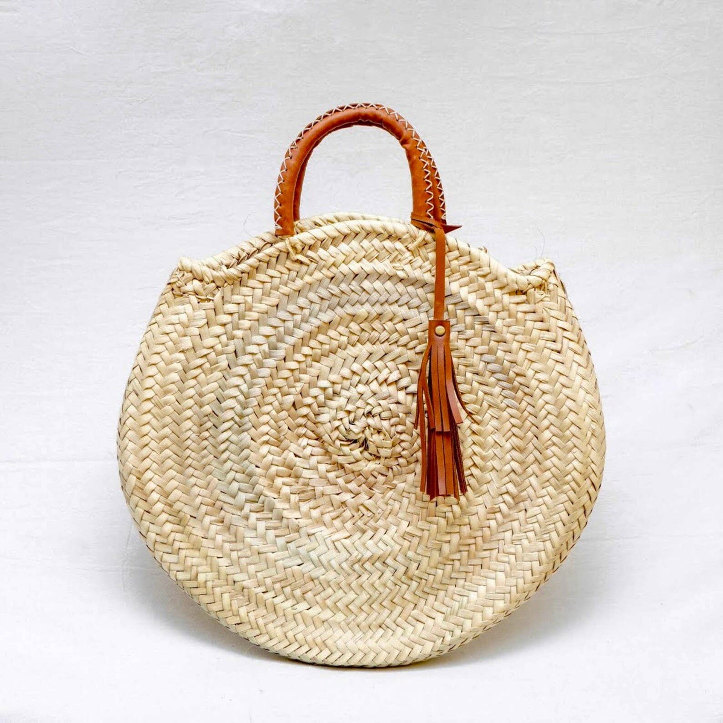 Round Straw Bag with Leather Handles