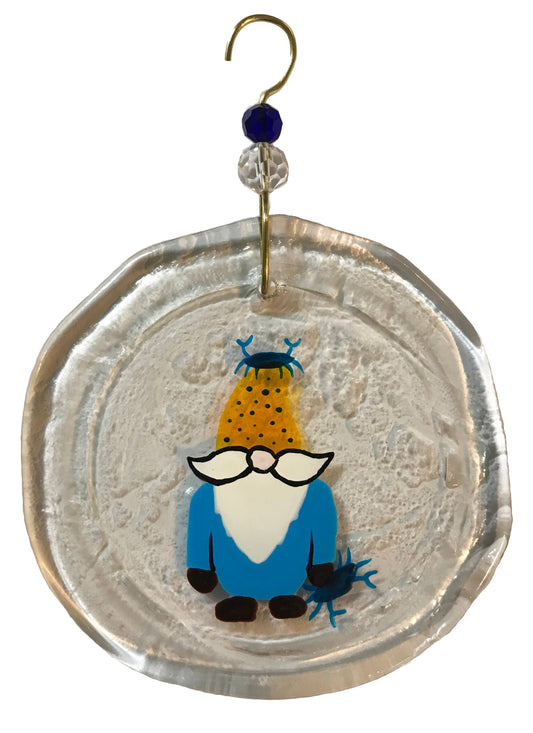 Upcycled Wine Bottle Ornament - Gnome with Blue Crab