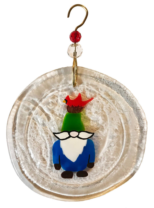 Upcycled Wine Bottle Ornament - Gnome with Redbird