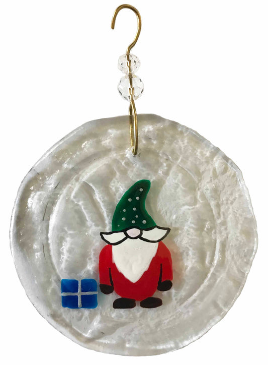 Upcycled Wine Bottle Ornament - Gnome with Present